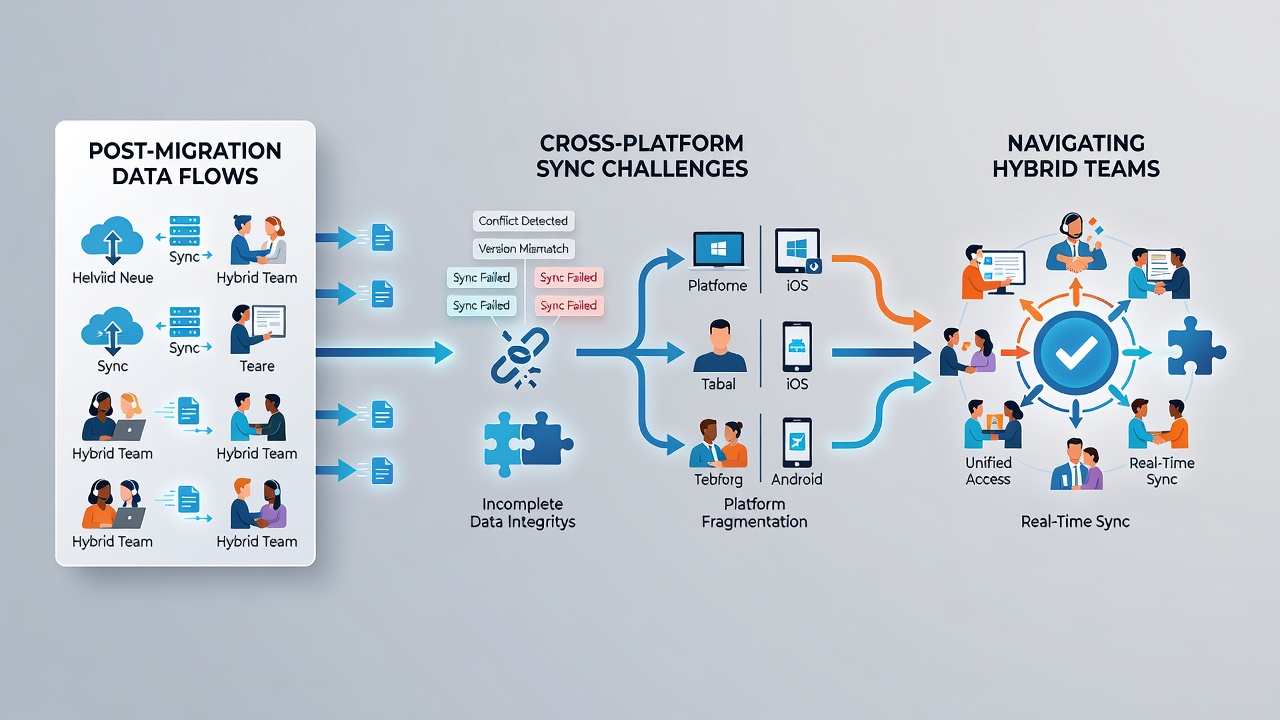 Flowchart depicting common data conflicts arising in hybrid team note applications after cloud migration